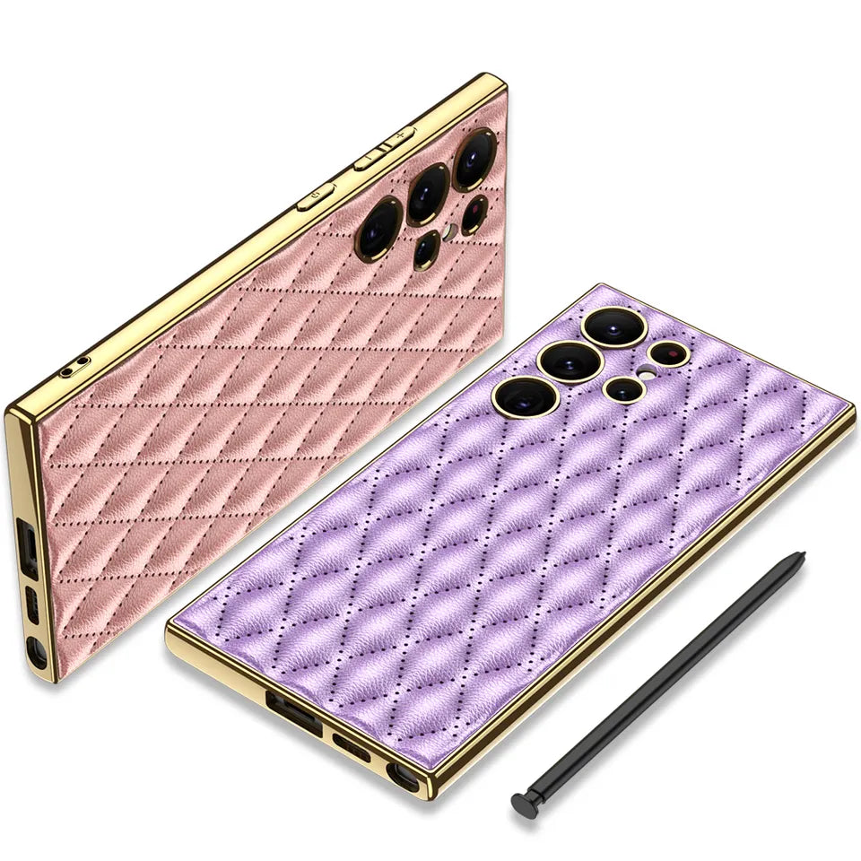 Electroplated Rhombus Pattern Leather Phone Case for Samsung Galaxy S23 Ultra