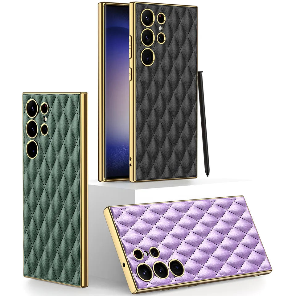 Electroplated Rhombus Pattern Leather Phone Case for Samsung Galaxy S23 Ultra