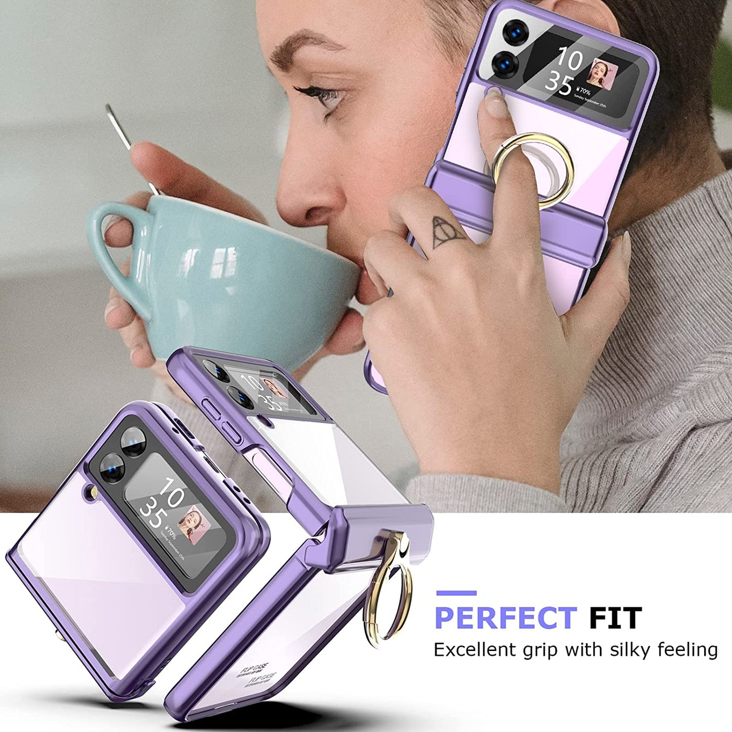 Plating Galaxy Z Flip 4 Case with Luxury Ring, Hing Part and Lens Protector