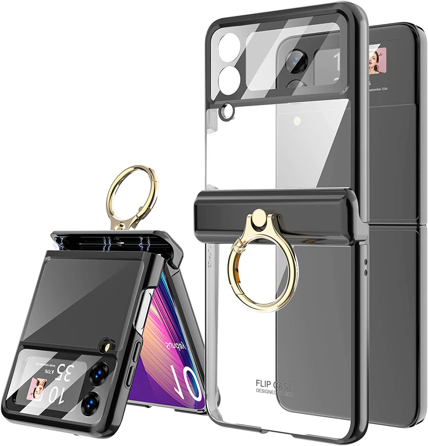 Plating Galaxy Z Flip 4 Case with Luxury Ring, Hing Part and Lens Protector