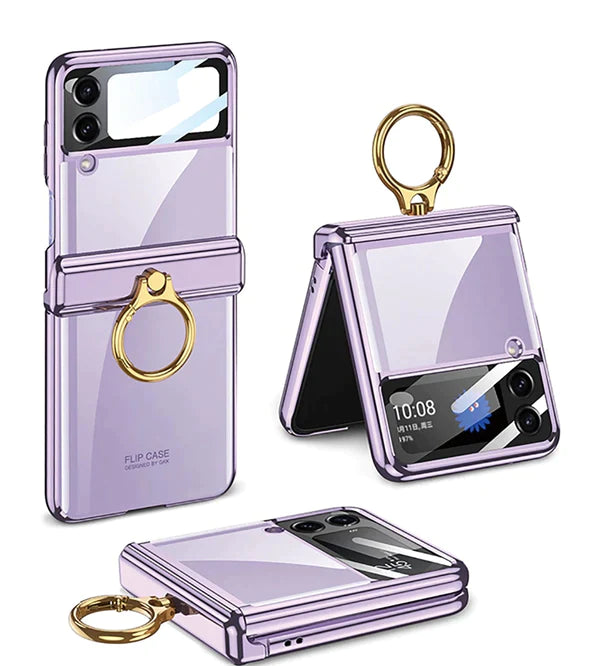 Plating Galaxy Z Flip 4 Case with Luxury Ring, Hing Part and Lens Protector