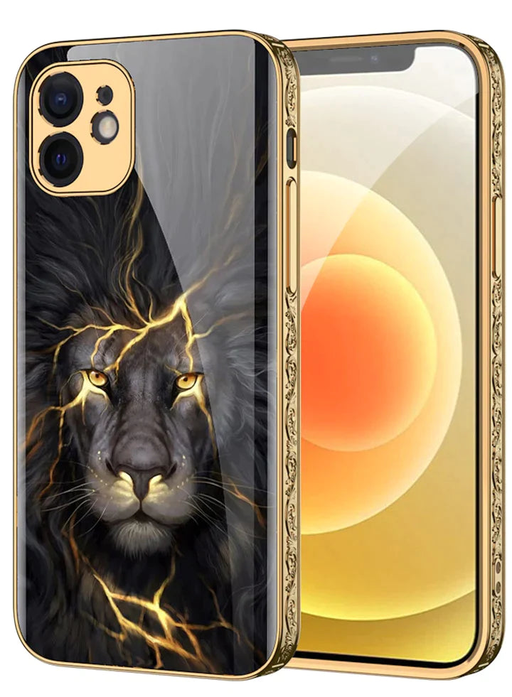 Premium Glass Lion Pattern luxurious Designer back Case For iPhone 13 Pro Max