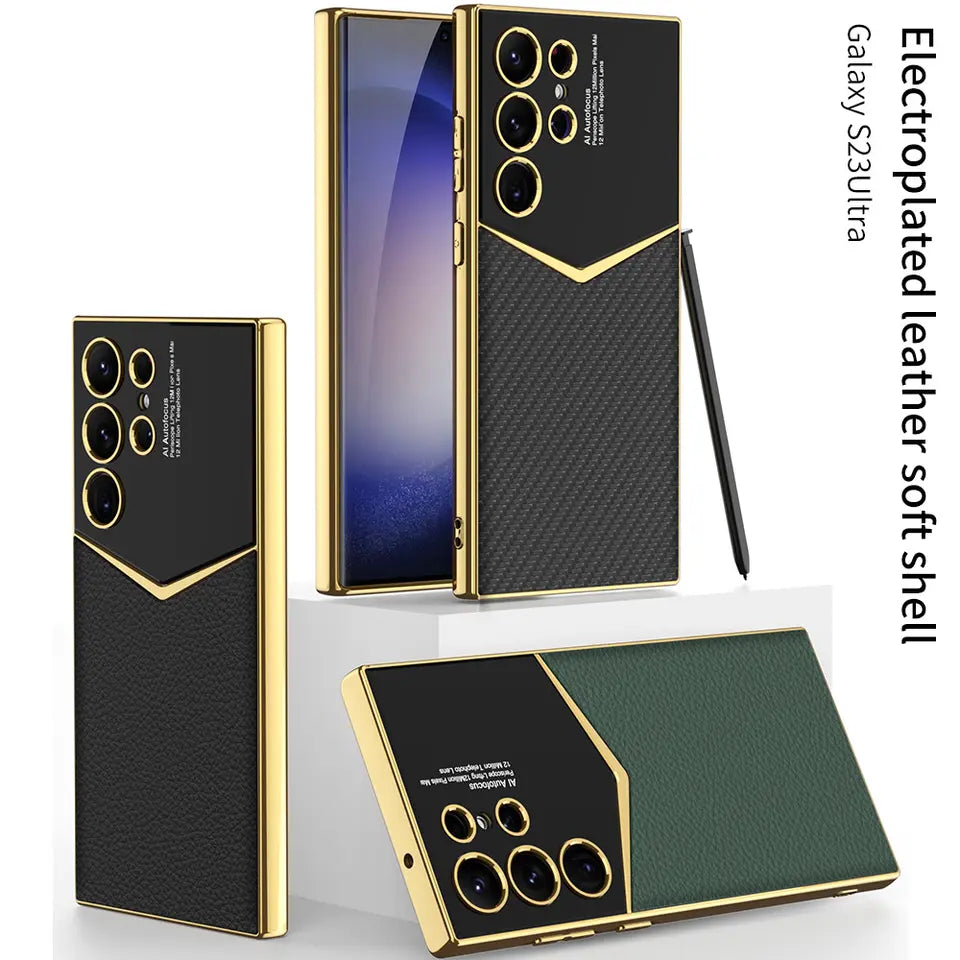 Royal Gold Plated Premium Carbon Fiber Luxury Leather Case For S23 Ultra
