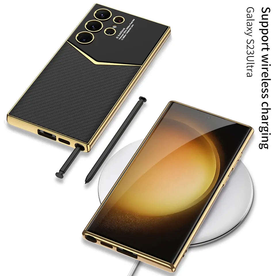 Royal Gold Plated Premium Carbon Fiber Luxury Leather Case For S23 Ultra